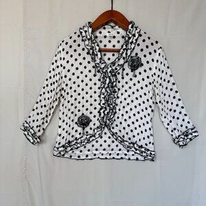 Y2K Jaipur White Black Polka Dot Ruffle Beaded 3-D Floral Applique Blouse Size M